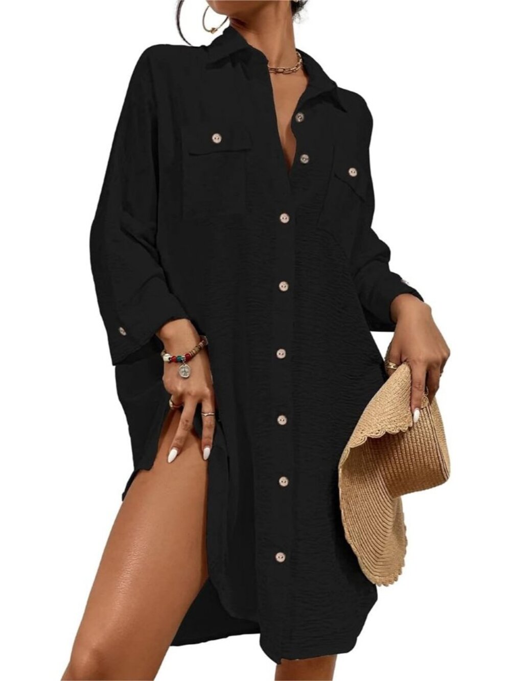 Women's Black Polyester Button Down Shirt Cover Up Swimsuit Beachwear Cover Up